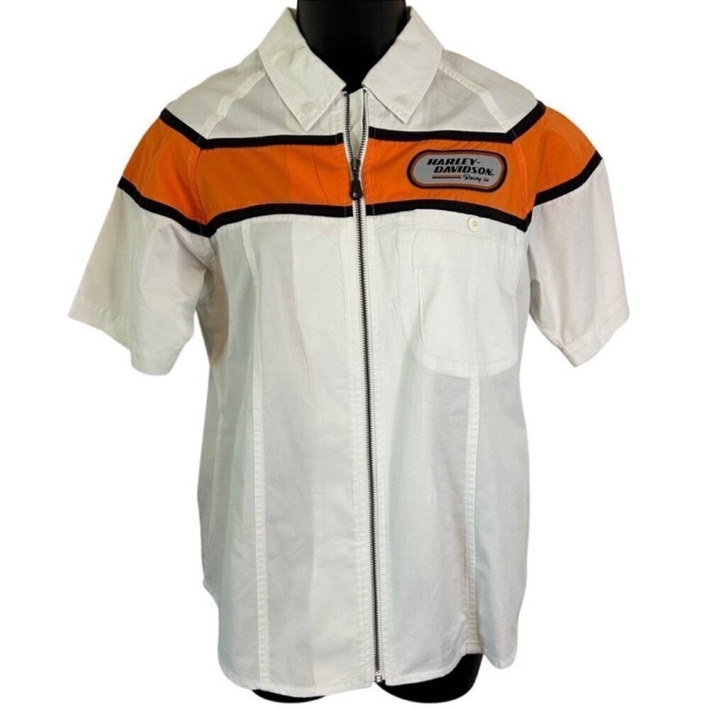 Harley Davidson Racing Embroidered Patch Striped Full Zip Women's Shirt Sz Small